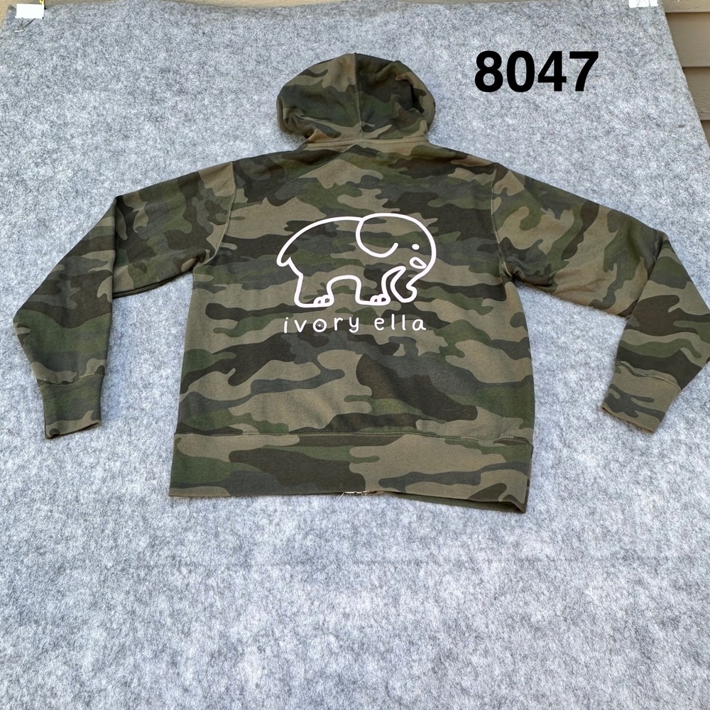 Ivory Ella Heritage Camo Full Zip Hoodie XS Green Camouflage Elephant Graphic